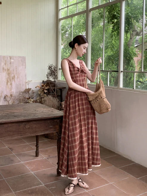 Summer Red Plaid Ribbon Dress