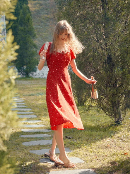 Lace Trim Retro Red Dress with Puff Sleeves