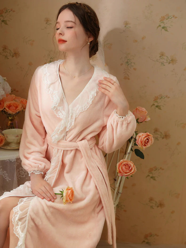 Velvet Lace-Trim Wrap Robe