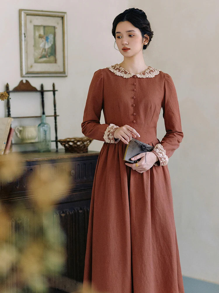 Autumn Rust Vintage Lace Collar Dress