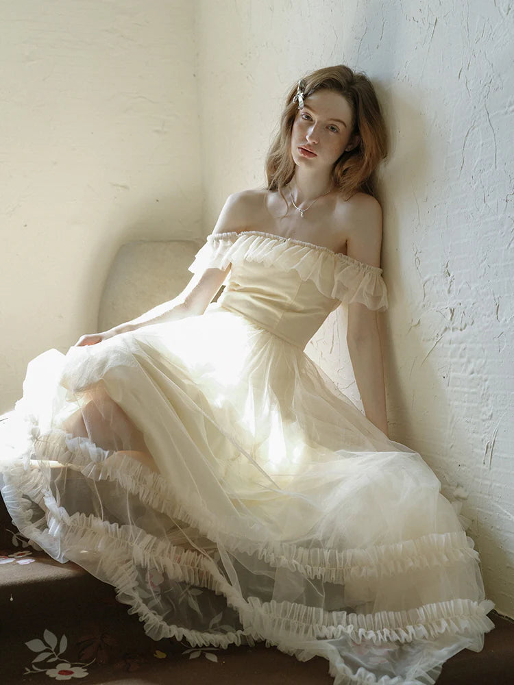 Ivory Tulle Ruffle Off-Shoulder Dress