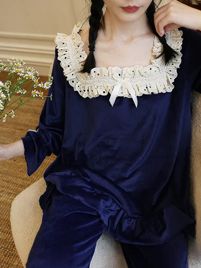Midnight Velvet Lace-Trim Pajama Set