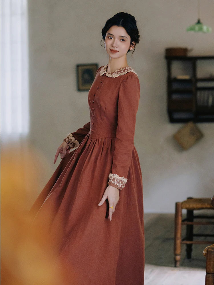 Autumn Rust Vintage Lace Collar Dress