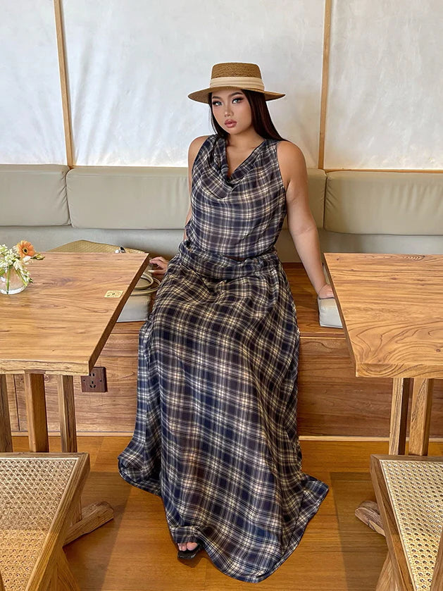 Vintage Check Sleeveless Top & Maxi Skirt Set