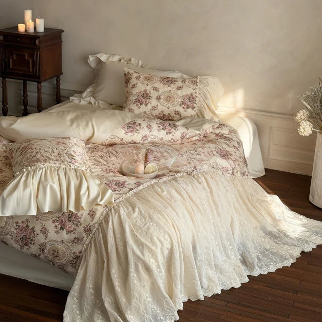 Vintage Cotton Embroidered Lace Bedding Set