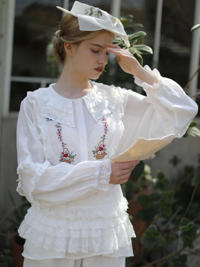 Flower Basket Embroidery Linen Blouse