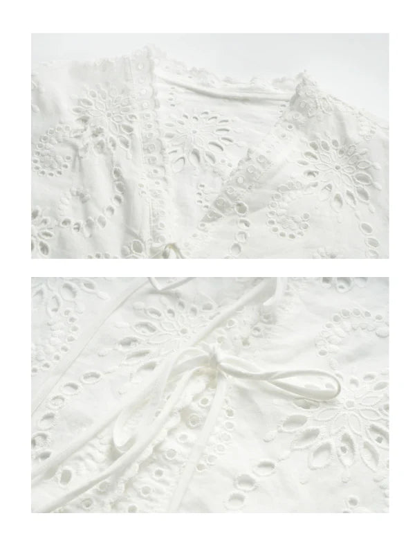 Floral Eyelet Lace Tie-Front Blouse