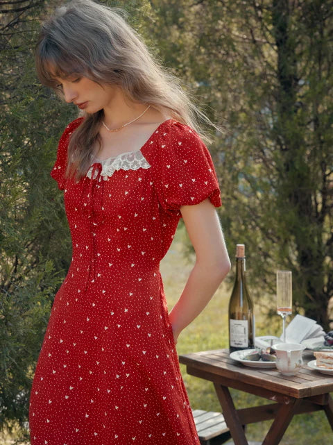 Lace Trim Retro Red Dress with Puff Sleeves