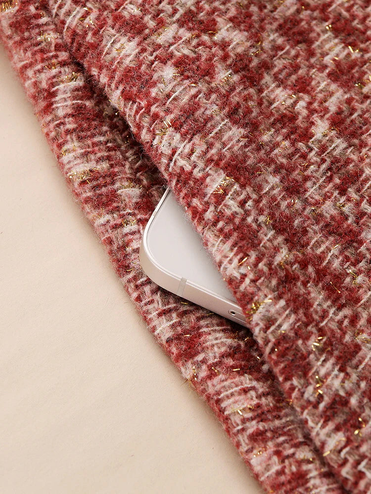 Elegant Red Tweed Pearl Button Dress