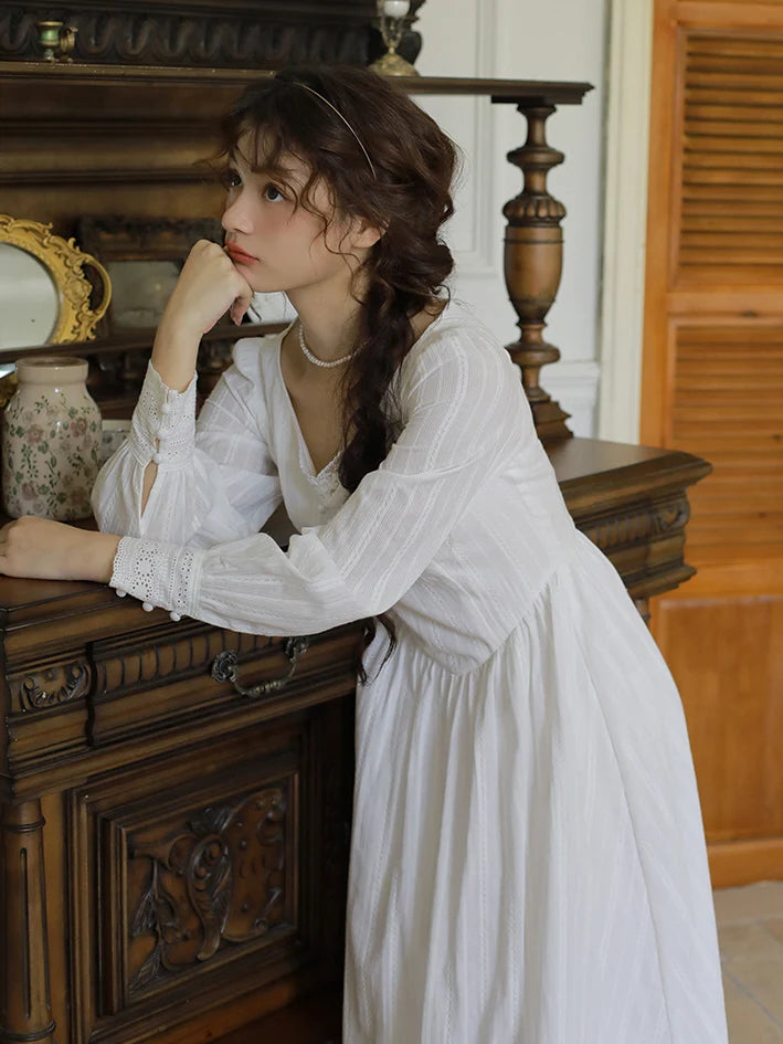 Victorian Elegance Long White Lace Dress