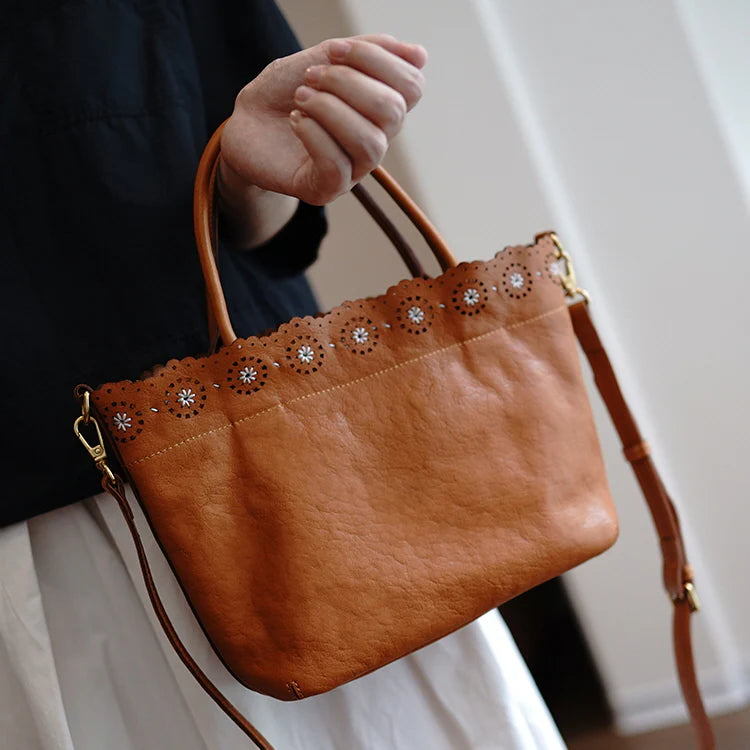 Scalloped Edge Genuine Leather Tote Bag