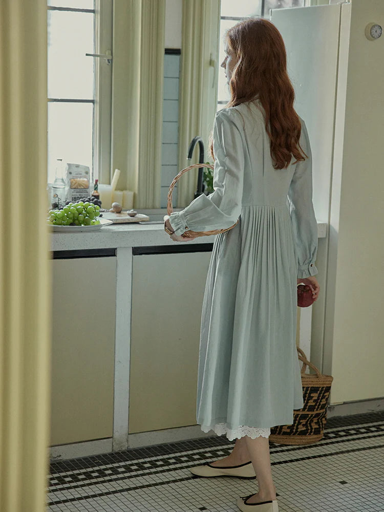 Vintage-Inspired Lace-Trim Light Blue Dress