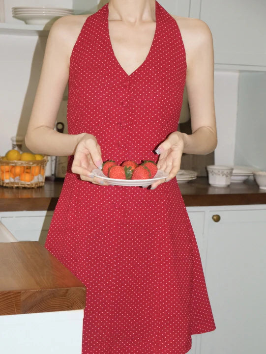 Cherry Ribbon Polka Dot Halter Dress