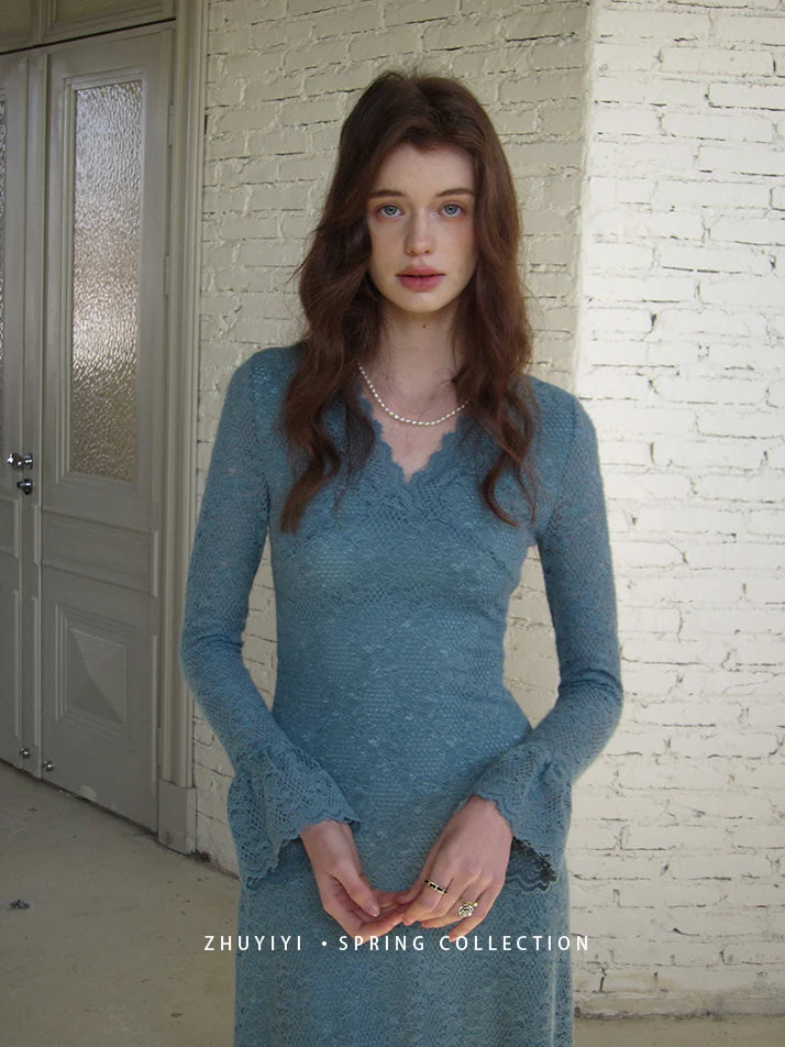 Sapphire Lace Bell Sleeve Dress