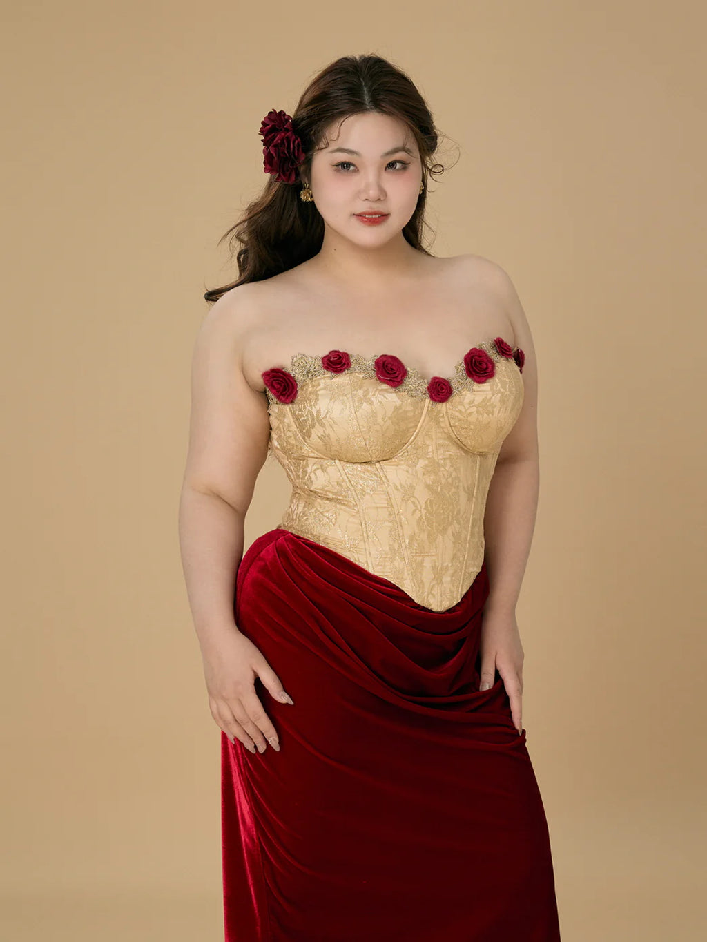 Rose Embellished Gold Corset Velvet Dress