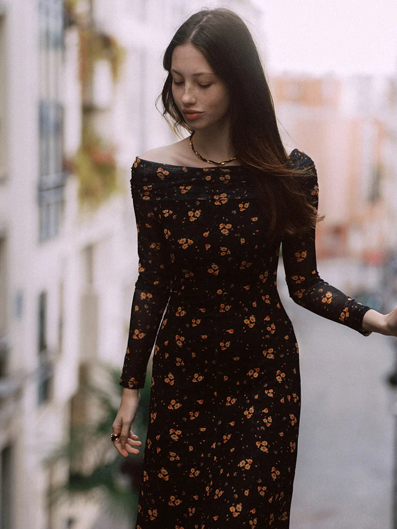 Midnight Blossom Off-Shoulder Mesh Dress