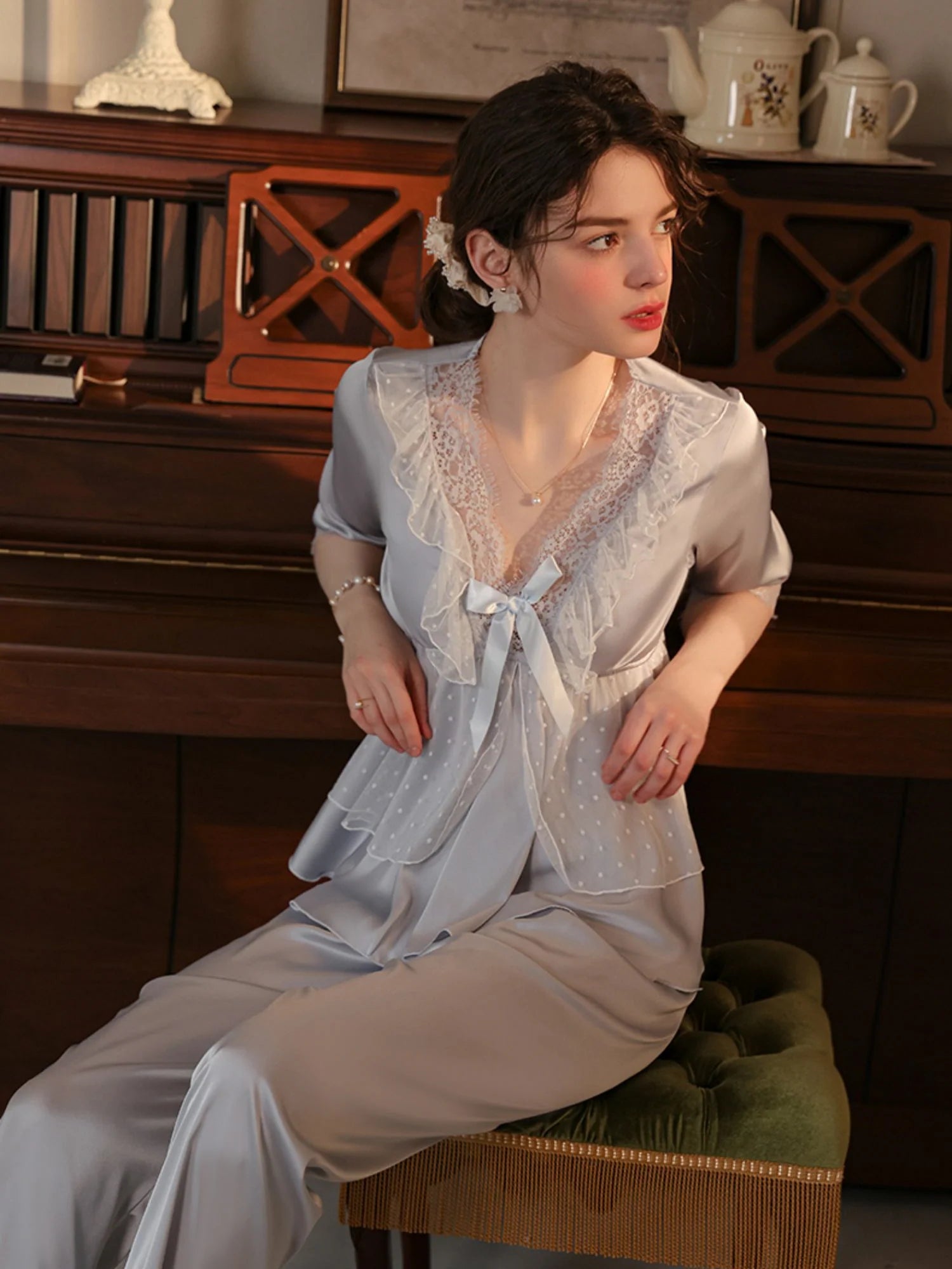 Elegant Romantic Ruffled Pajama Set