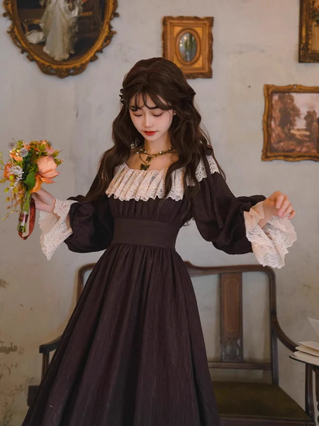 Mocha Reverie Vintage Lace Long Dress