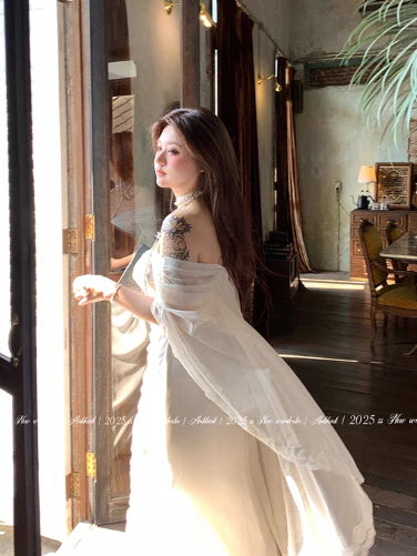 Ethereal White Lace Drape Corset Gown