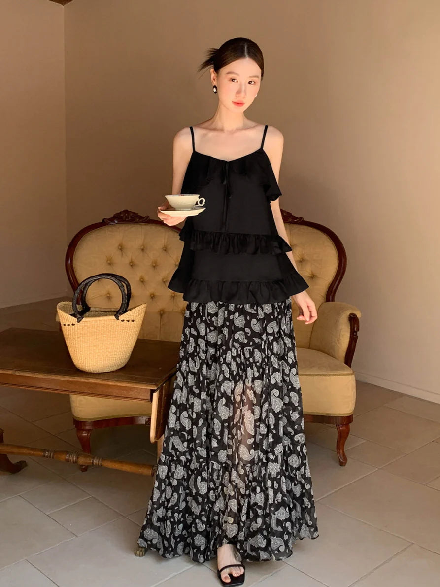 Black Ruffle Camisole & Paisley Maxi Skirt