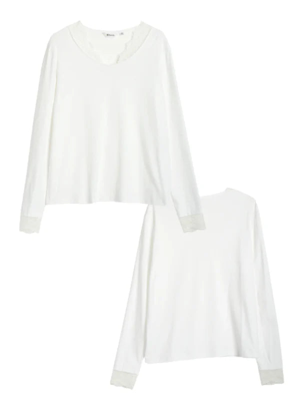 Lace Trim Soft Cotton Long Sleeve Top