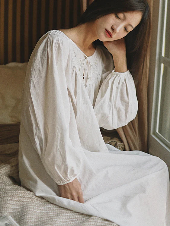 Blossom Embroidery White Cotton Nightgown