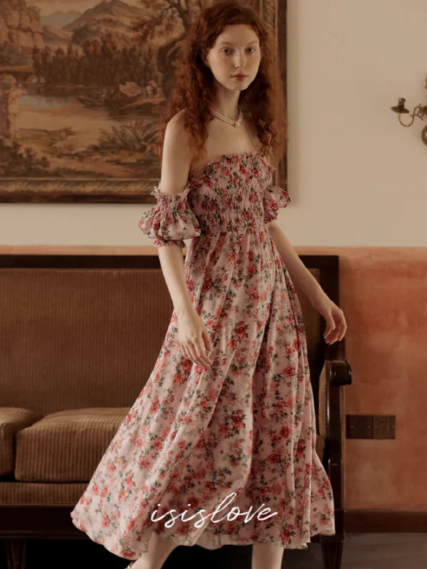 Vintage Pink Flower Off-Shoulder Dress