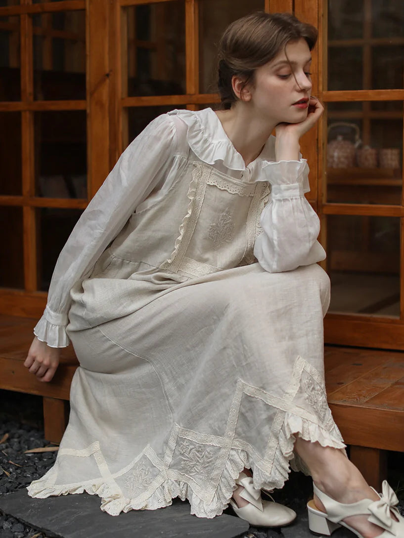 Lace Trim Vintage Linen Apron Dress