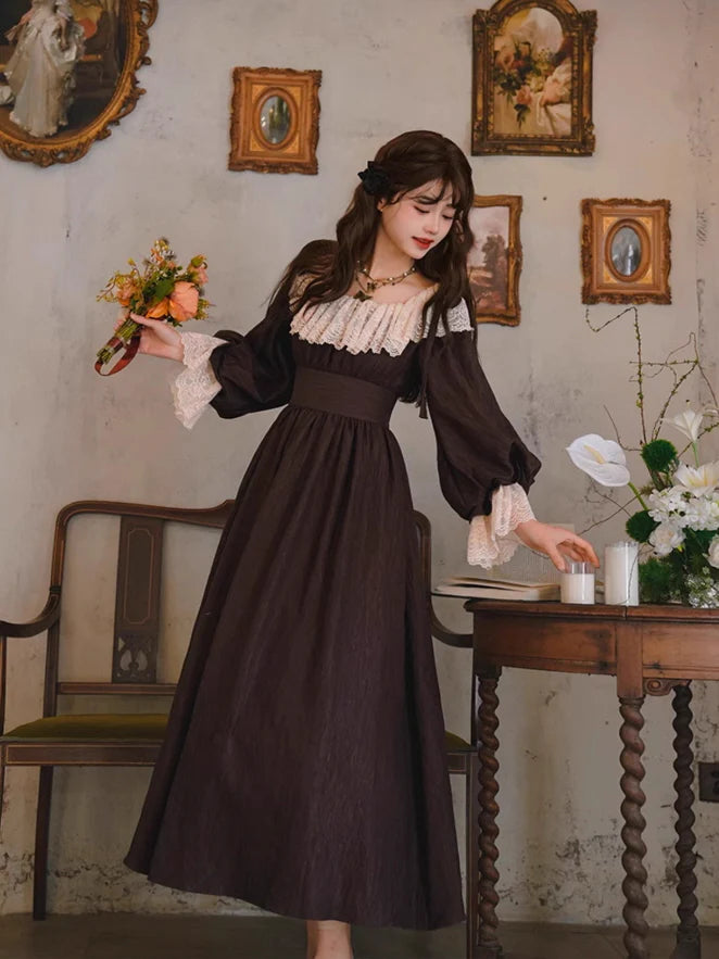 Mocha Reverie Vintage Lace Long Dress