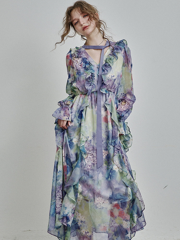 Ethereal Watercolor Ruffle Dress