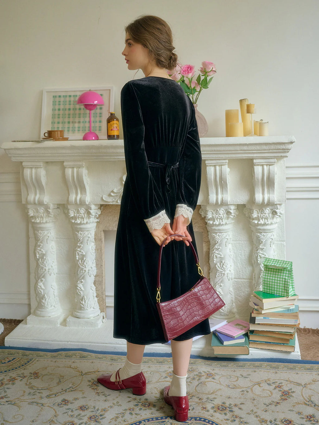 Lace Trim Vintage Velvet Elegance Dress