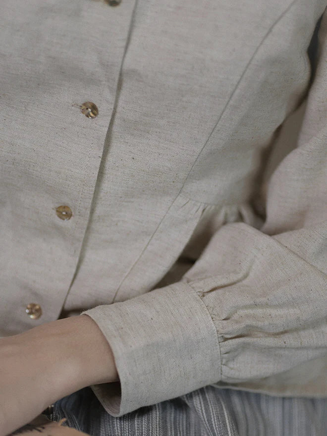 Ruffled Collar Linen Peplum Blouse