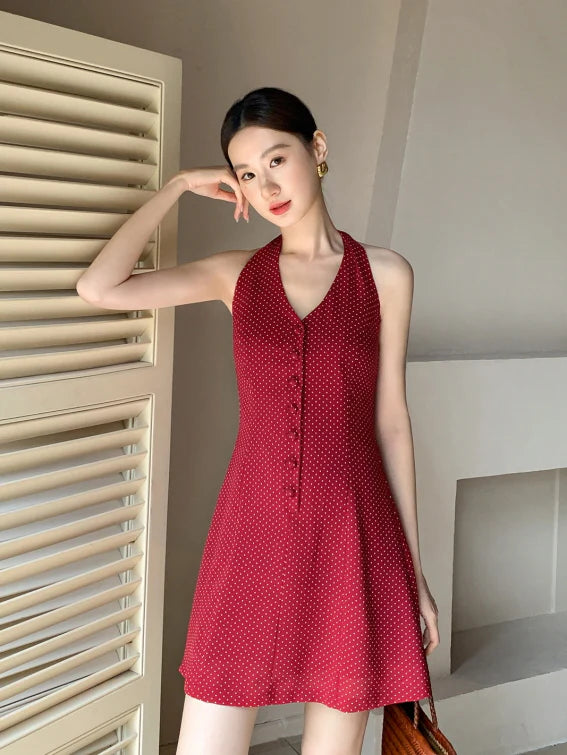 Cherry Ribbon Polka Dot Halter Dress