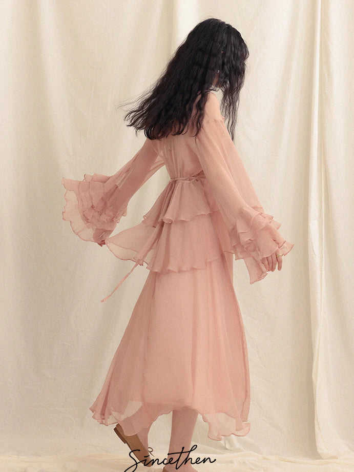 Whimsical Pink Ruffle Chiffon Blouse & Dress
