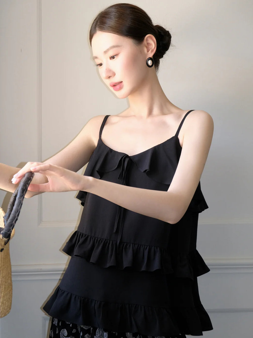 Black Ruffle Camisole & Paisley Maxi Skirt