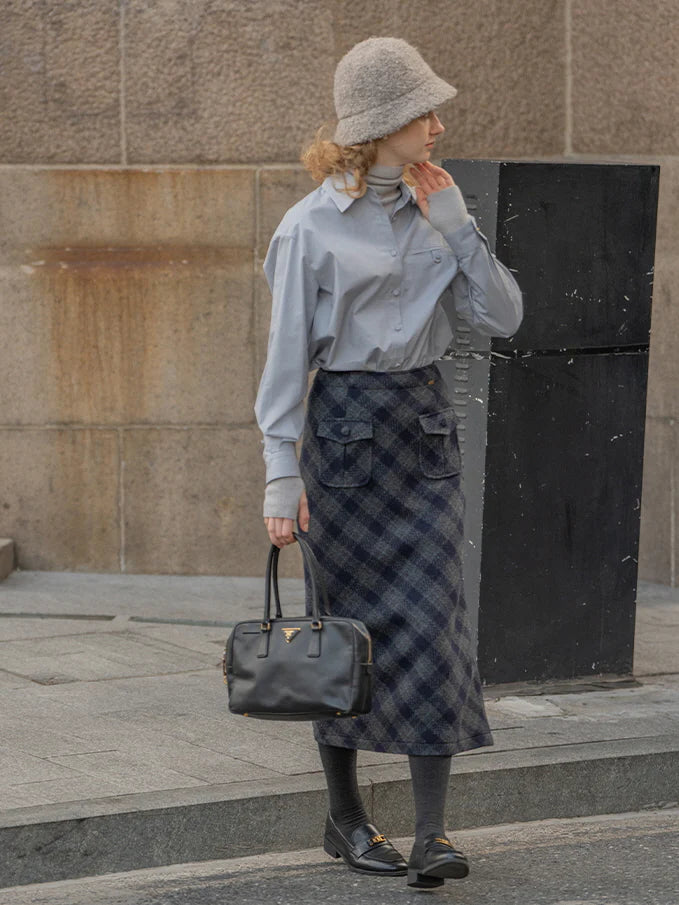 Dreamy Woolen Plaid Gray Checkered Skirt