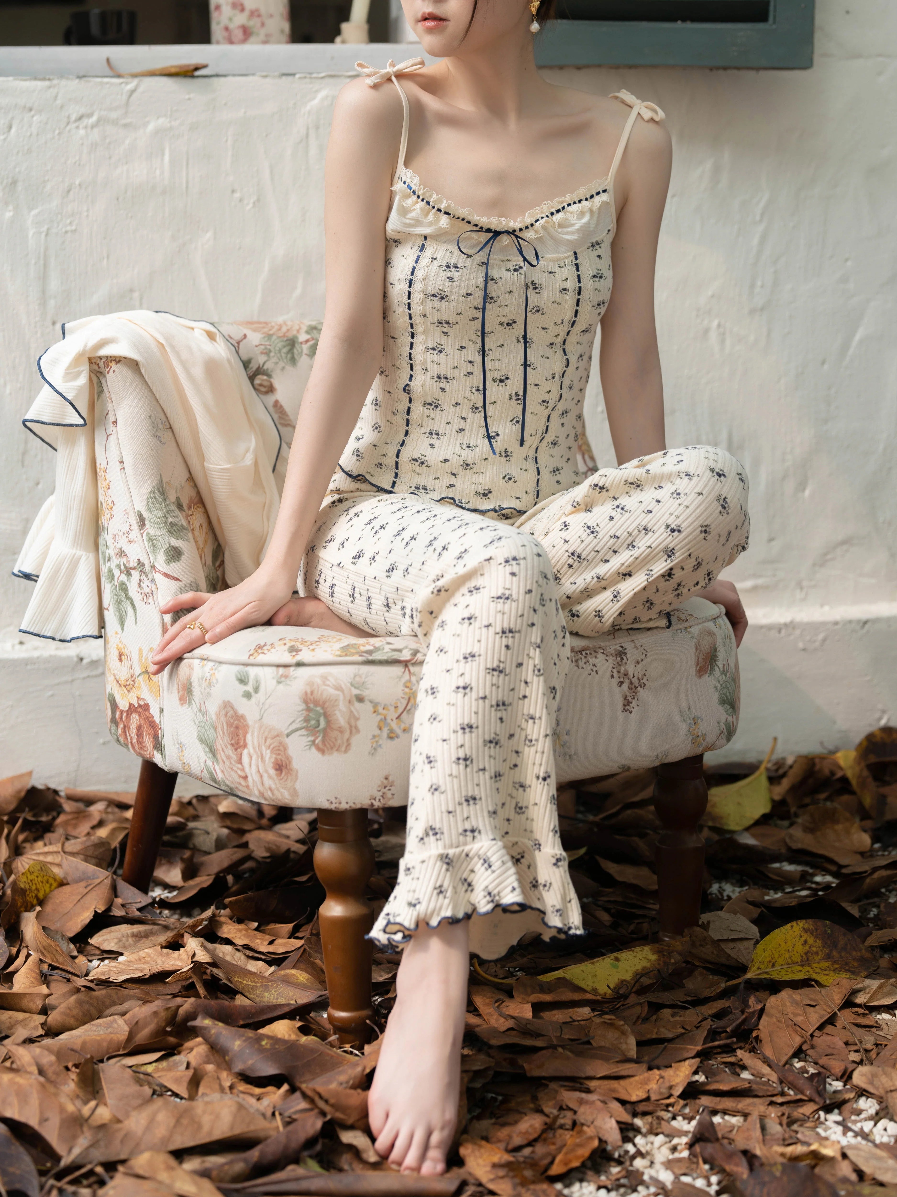 Navy Ribbon Floral Loungewear Set