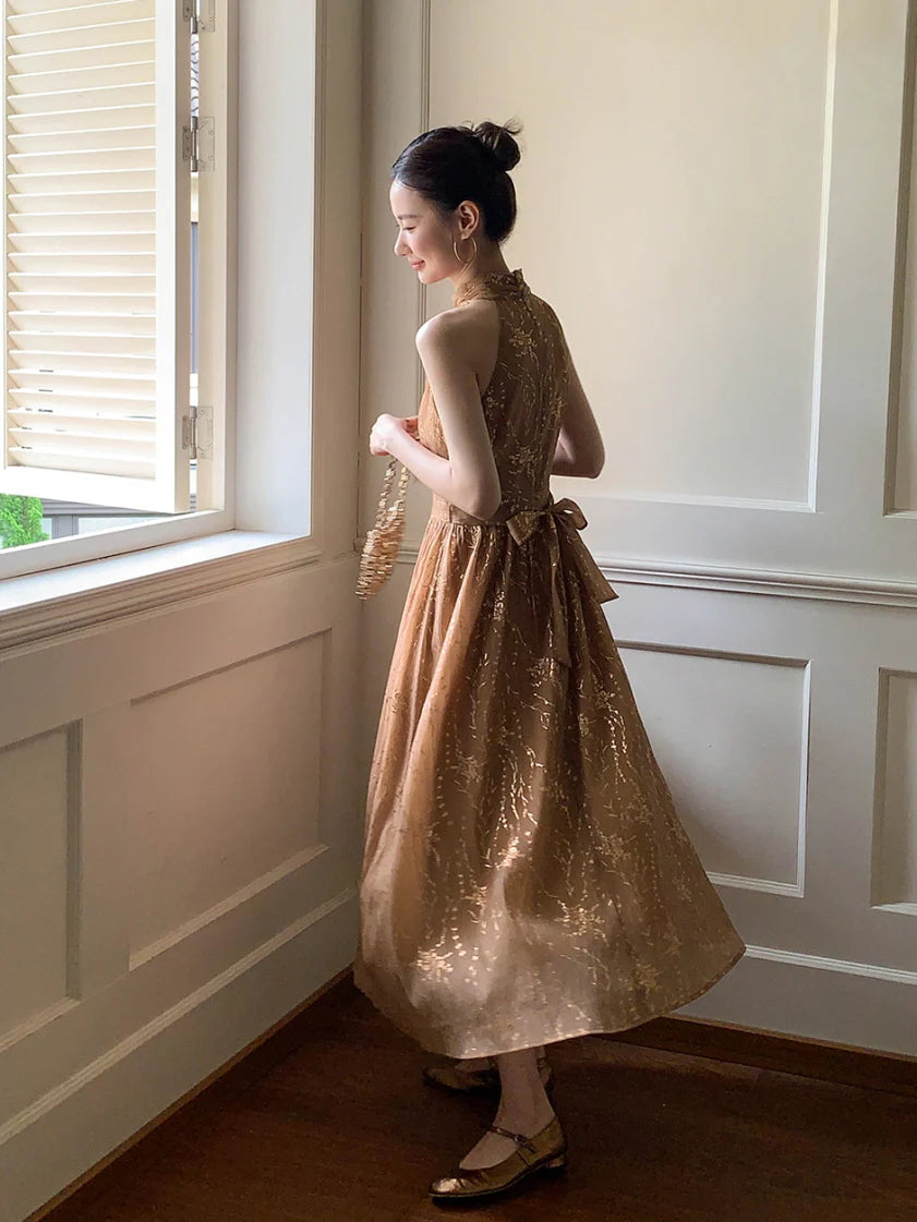 Golden Bloom Halter Dress