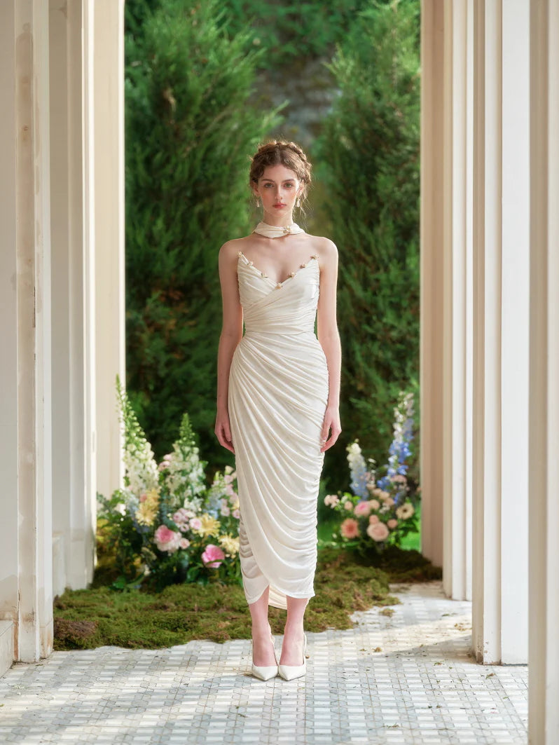 Enchanted Pearl Blossom Ruched Gown