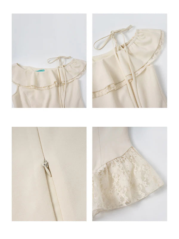 Ivory Ribbon Shoulder Ruffle Top & Skirt