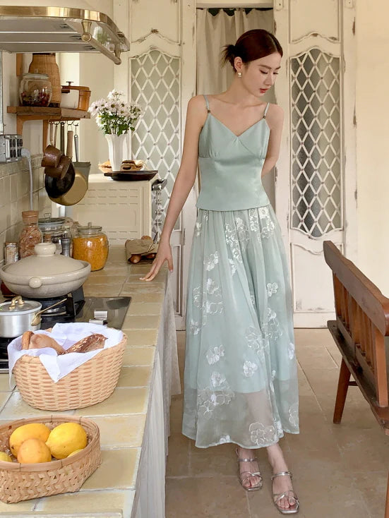 Whispering Petal Satin Top & Embroidered Tulle Skirt