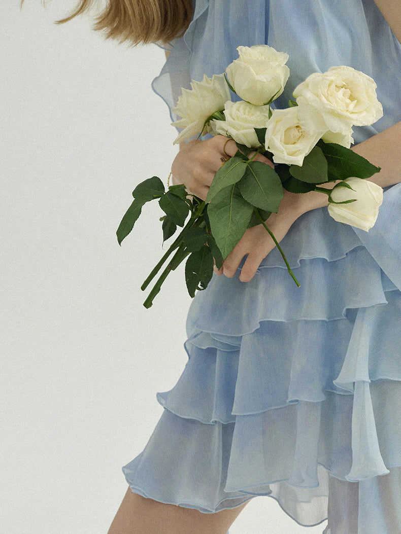 Ethereal Blue Ruffle Rose Halter Top