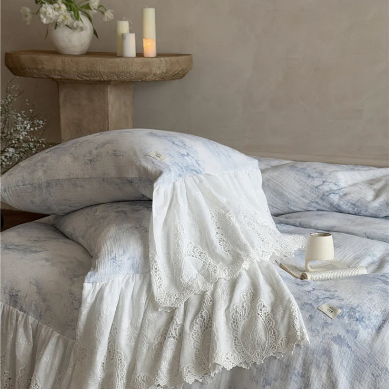 Watercolor Blue Lace Ruffle Bedding Set