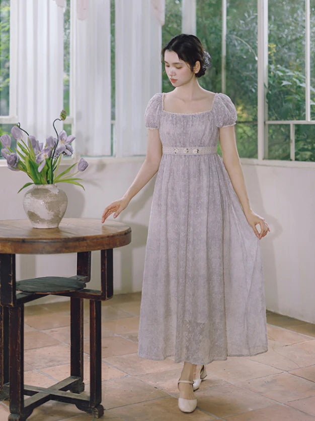 Lavender Bloom Embroidered Waist Dress