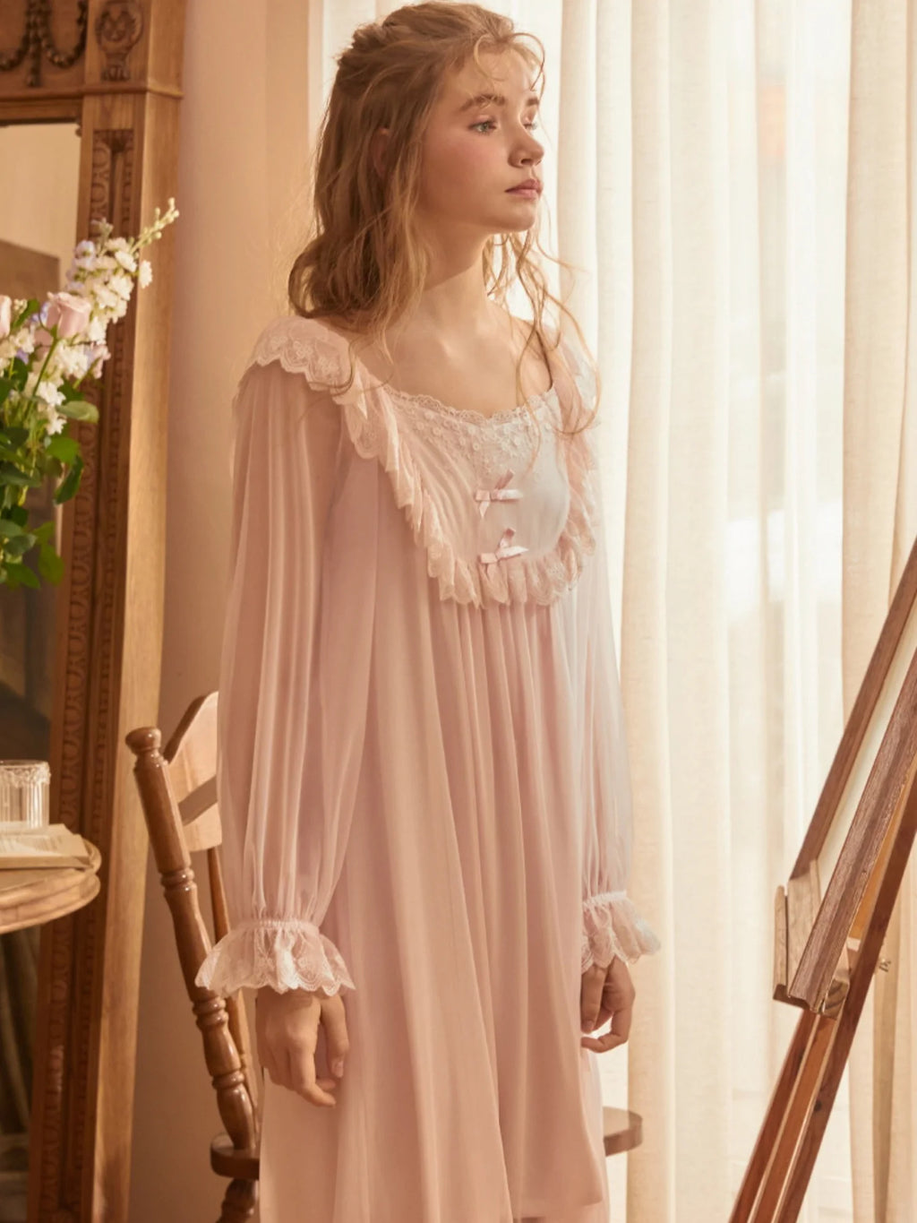 Soft Light Pink Lace-Trimmed Nightgown