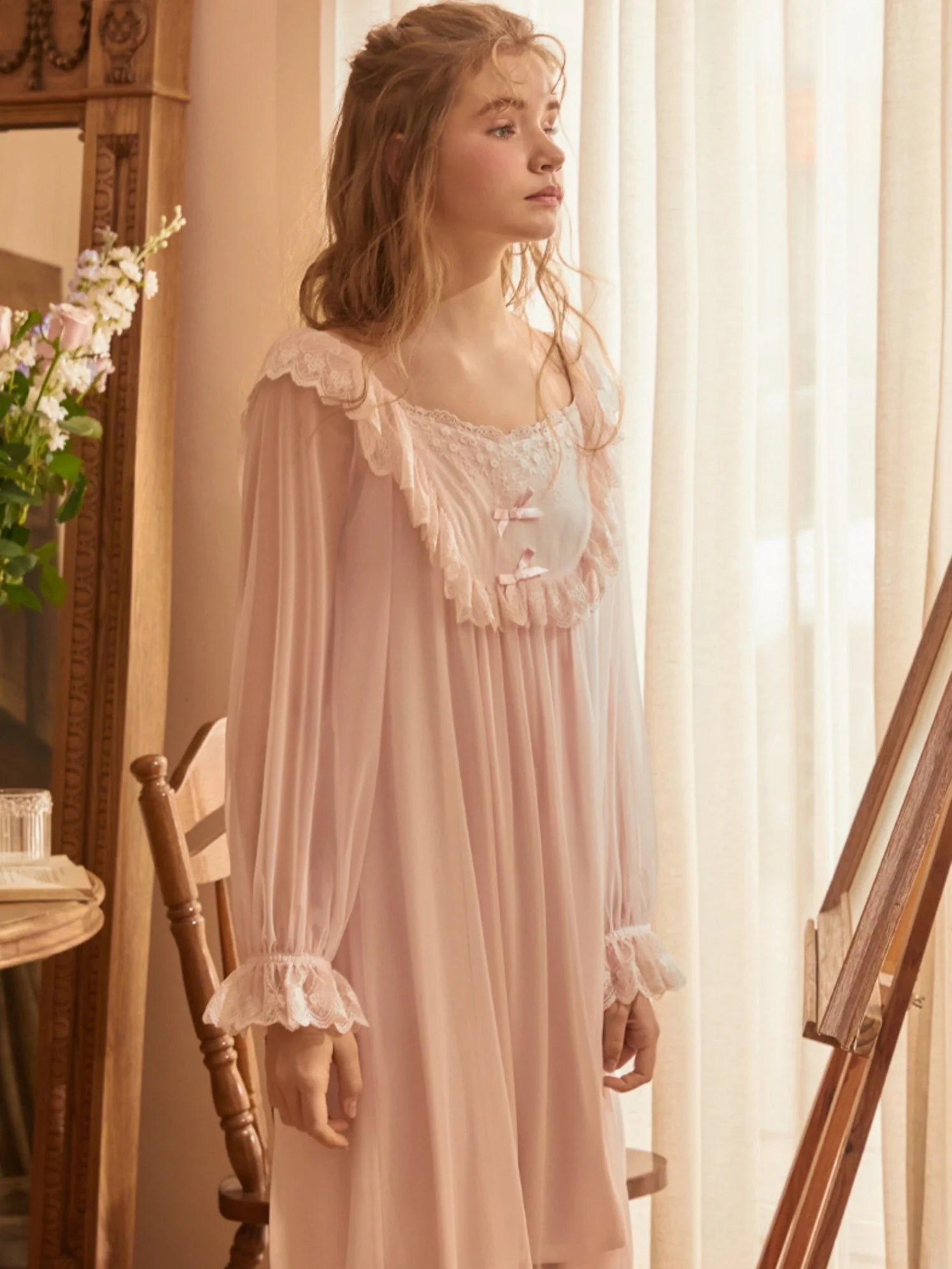 Soft Light Pink Lace-Trimmed Nightgown