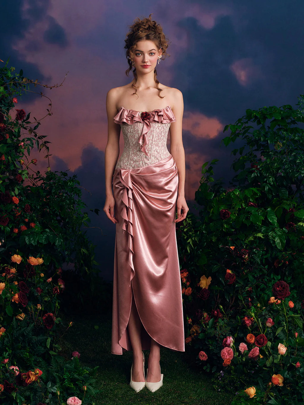 Rosette Corset Satin Rose Gown