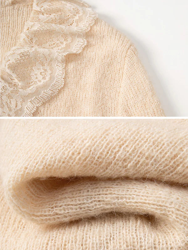 Ivory Lace Trim Wool Blend Cardigan
