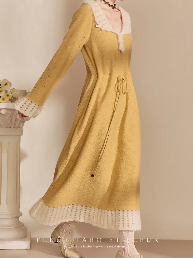 Golden Daydream Crochet Trim Knit Dress