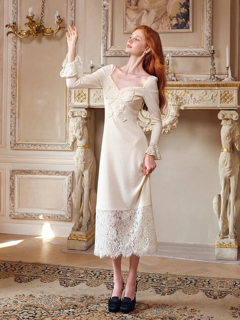 Elegant Lace Trim  Flared Sleeves Knit Dress